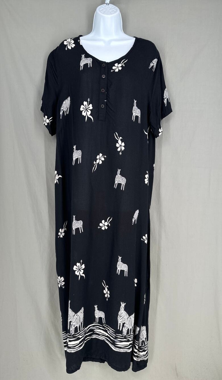 90s Vintage Dress Women XL Black Maxi Zebra Artsy Lightweight Summer Dark Floral